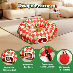 Checkered Dog Bed Cat Peekaboo Cat Cave Donut with Washable Cushion Cat Tunnels