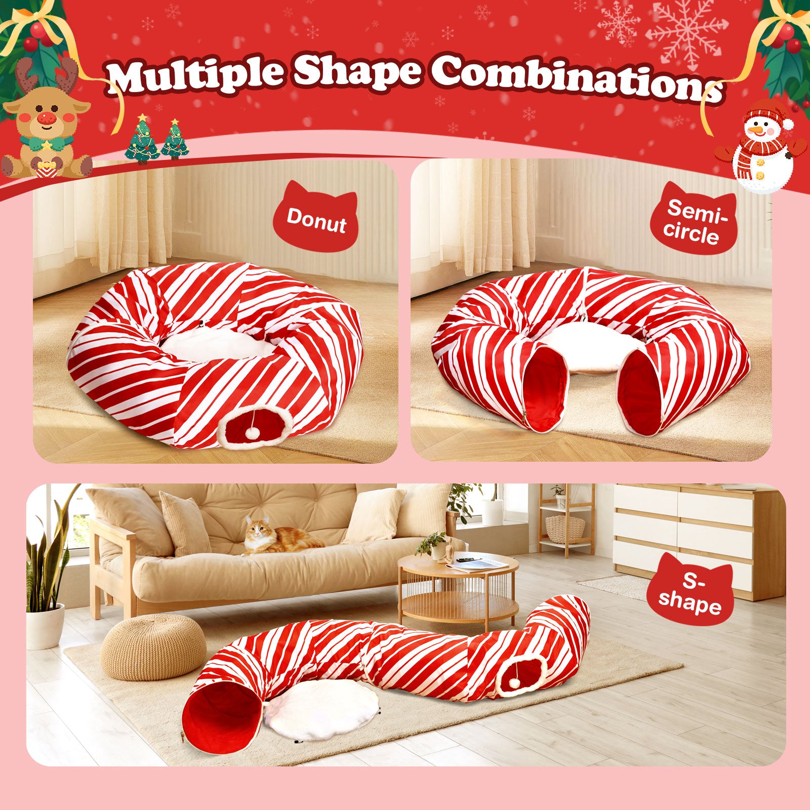 Cat Tunnel Bed Peekaboo Cat Cave Donut Under Christmas Tree Candy Cane Design