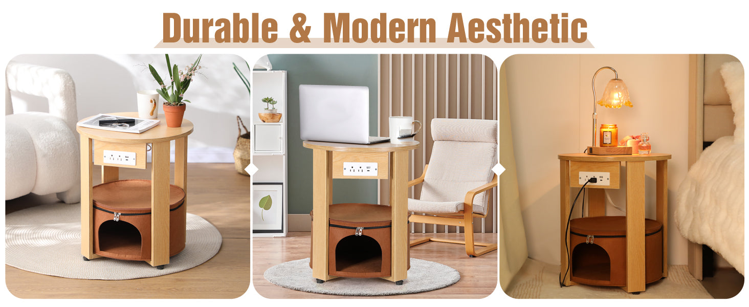 Side Table Cat House End Table with Charging Station