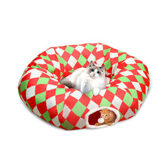 Checkered Dog Bed Cat Peekaboo Cat Cave Donut with Washable Cushion Cat Tunnels