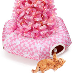 Pink Cat Tunnel Bed Peekaboo Cat Cave Donut Under Christmas Tree Pink Checker with Snowflakes Festive Decor