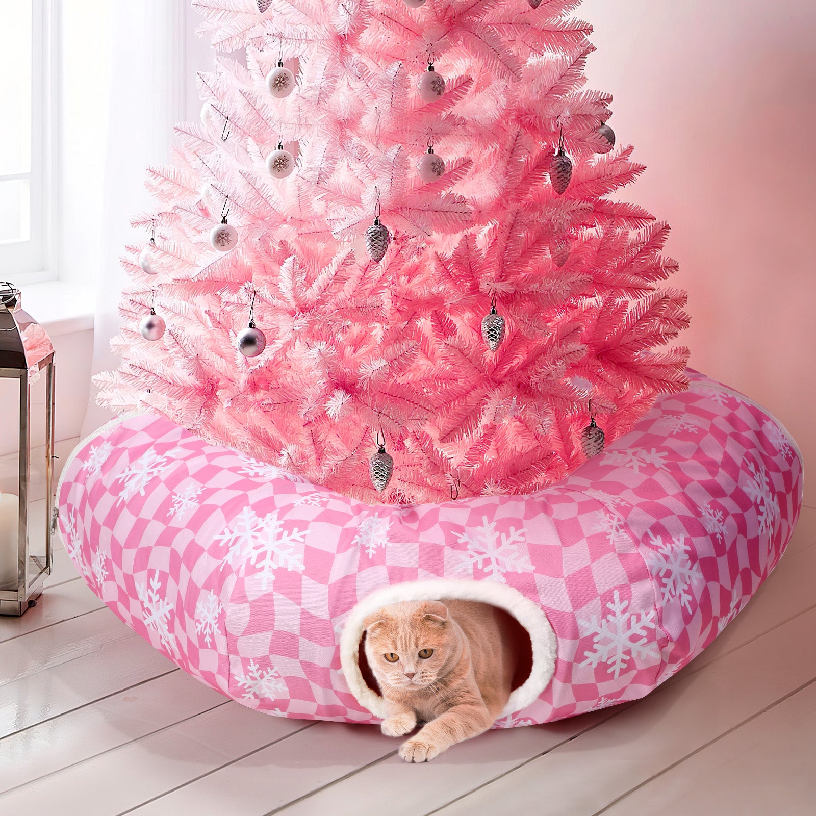 Pink Cat Tunnel Bed Peekaboo Cat Cave Donut Under Christmas Tree Pink Checker with Snowflakes Festive Decor