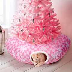Pink Cat Tunnel Bed Peekaboo Cat Cave Donut Under Christmas Tree Pink Checker with Snowflakes Festive Decor