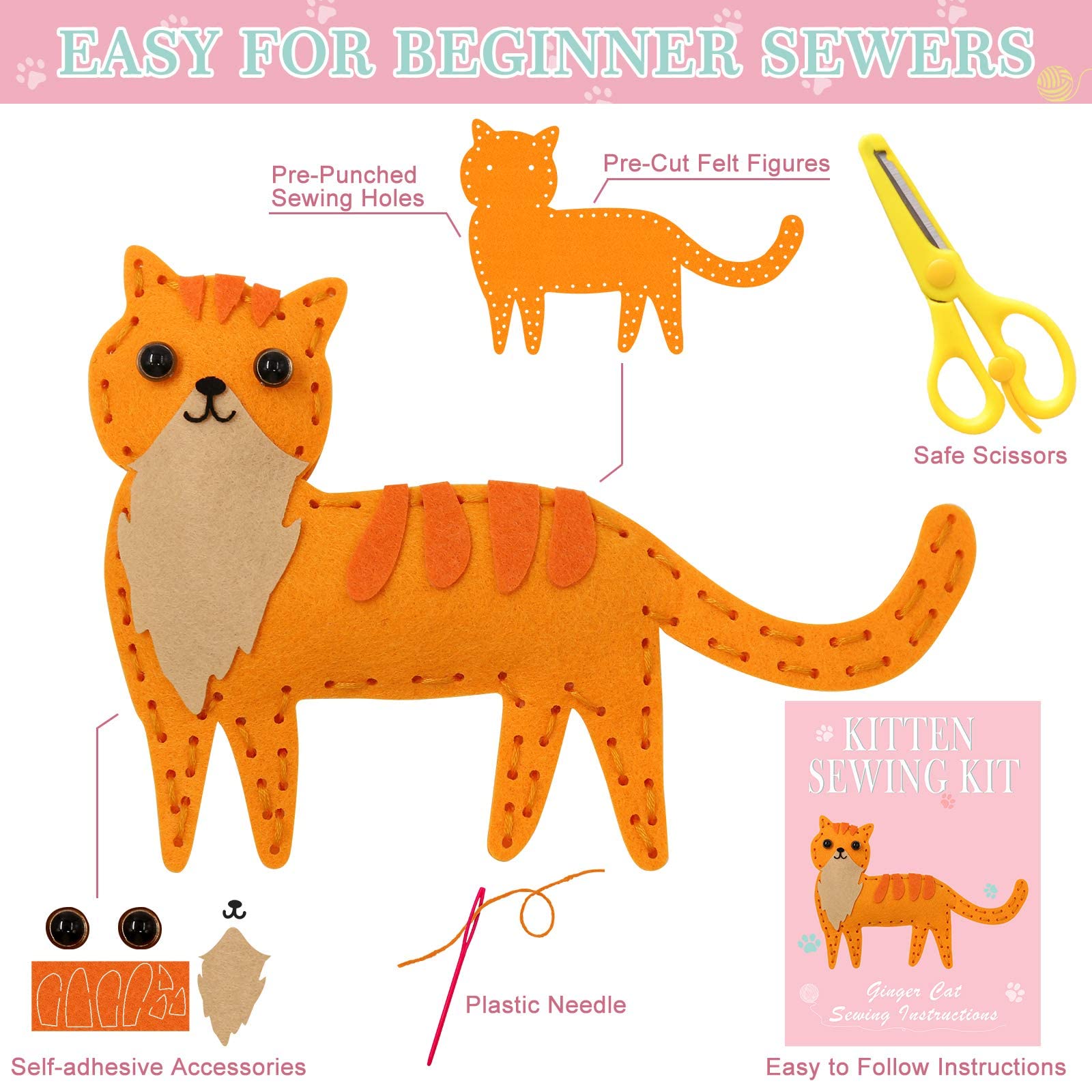 Cat Sewing Kit for Kids 12PCS, Creative Craft and Gift Ideas