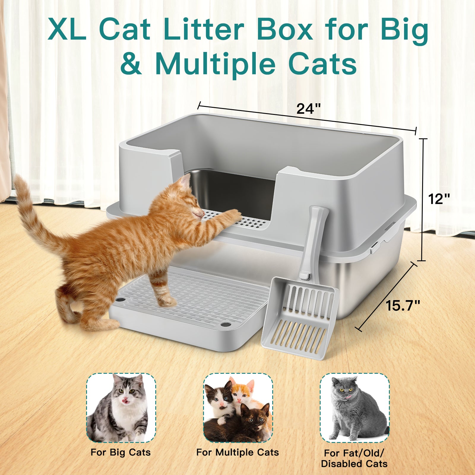 Stainless Steel Litter Box with Step Extra Large Cat Litter Box