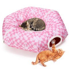 Pink Cat Tunnel Bed Peekaboo Cat Cave Donut Under Christmas Tree Pink Checker with Snowflakes Festive Decor