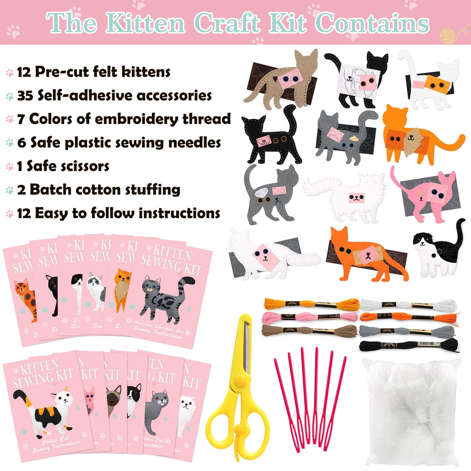 Cat Sewing Kit for Kids 12PCS, Creative Craft and Gift Ideas