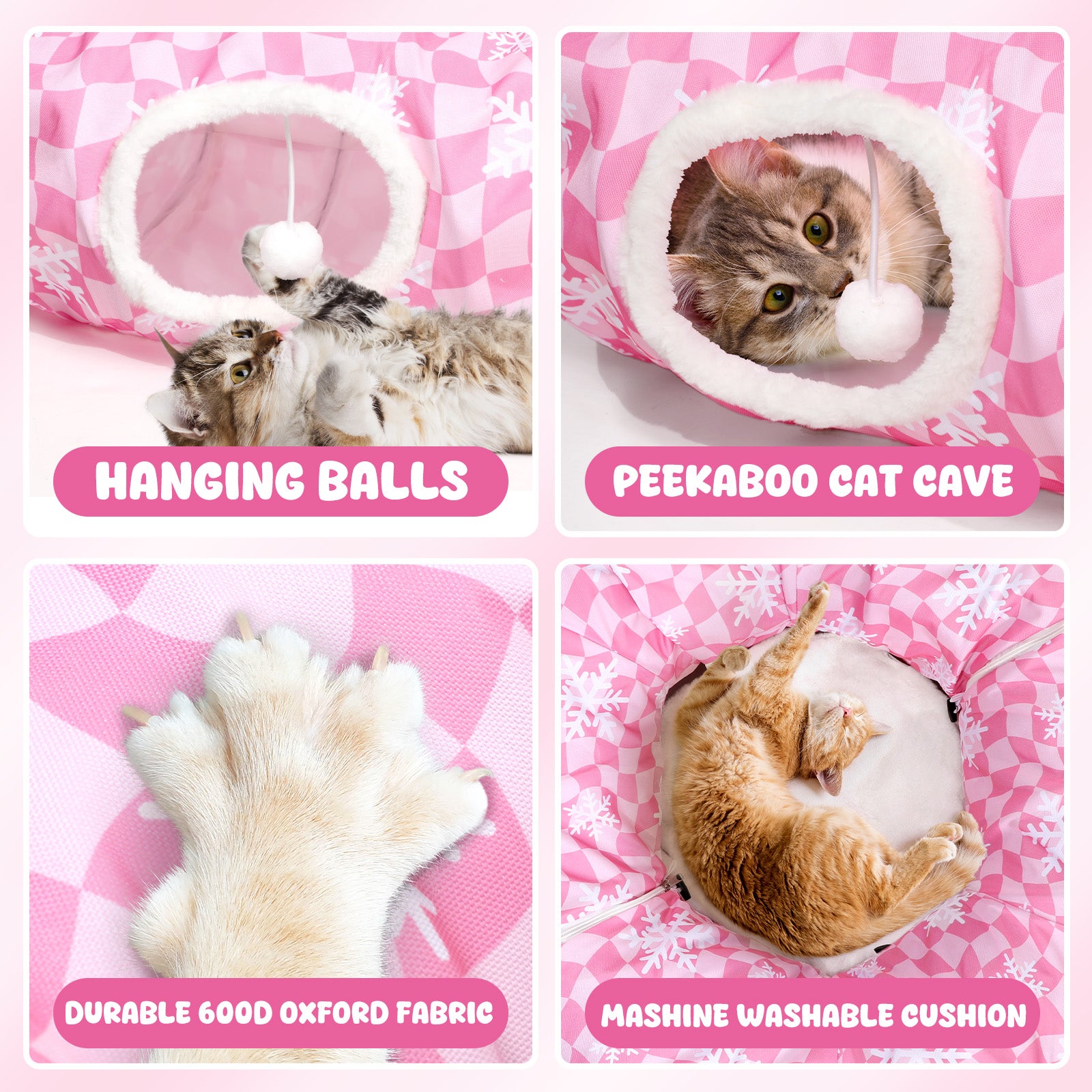 Pink Cat Tunnel Bed Peekaboo Cat Cave Donut Under Christmas Tree Pink Checker with Snowflakes Festive Decor