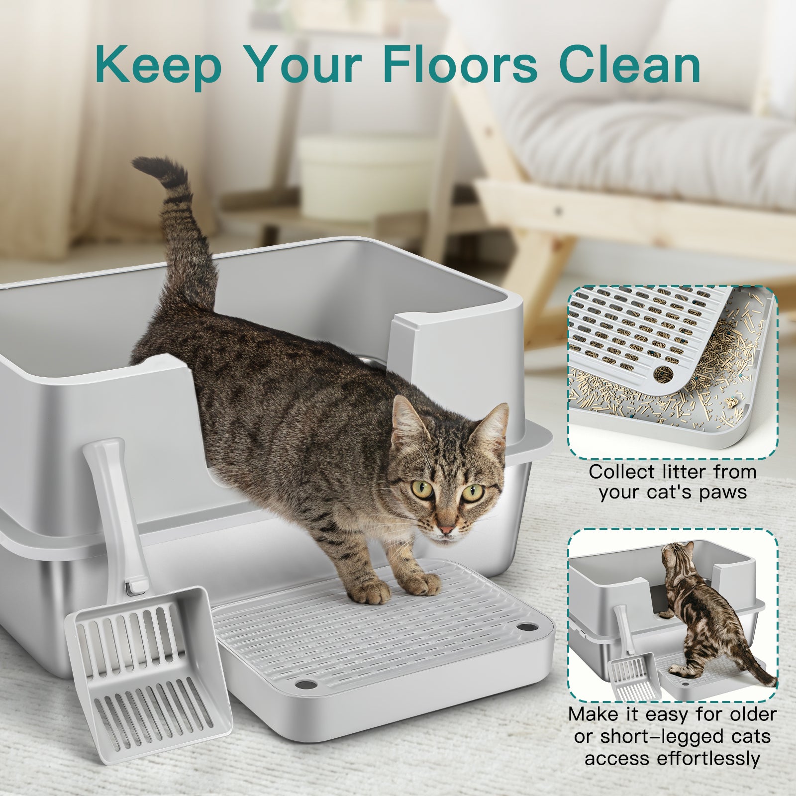 Stainless Steel Litter Box with Step Extra Large Cat Litter Box