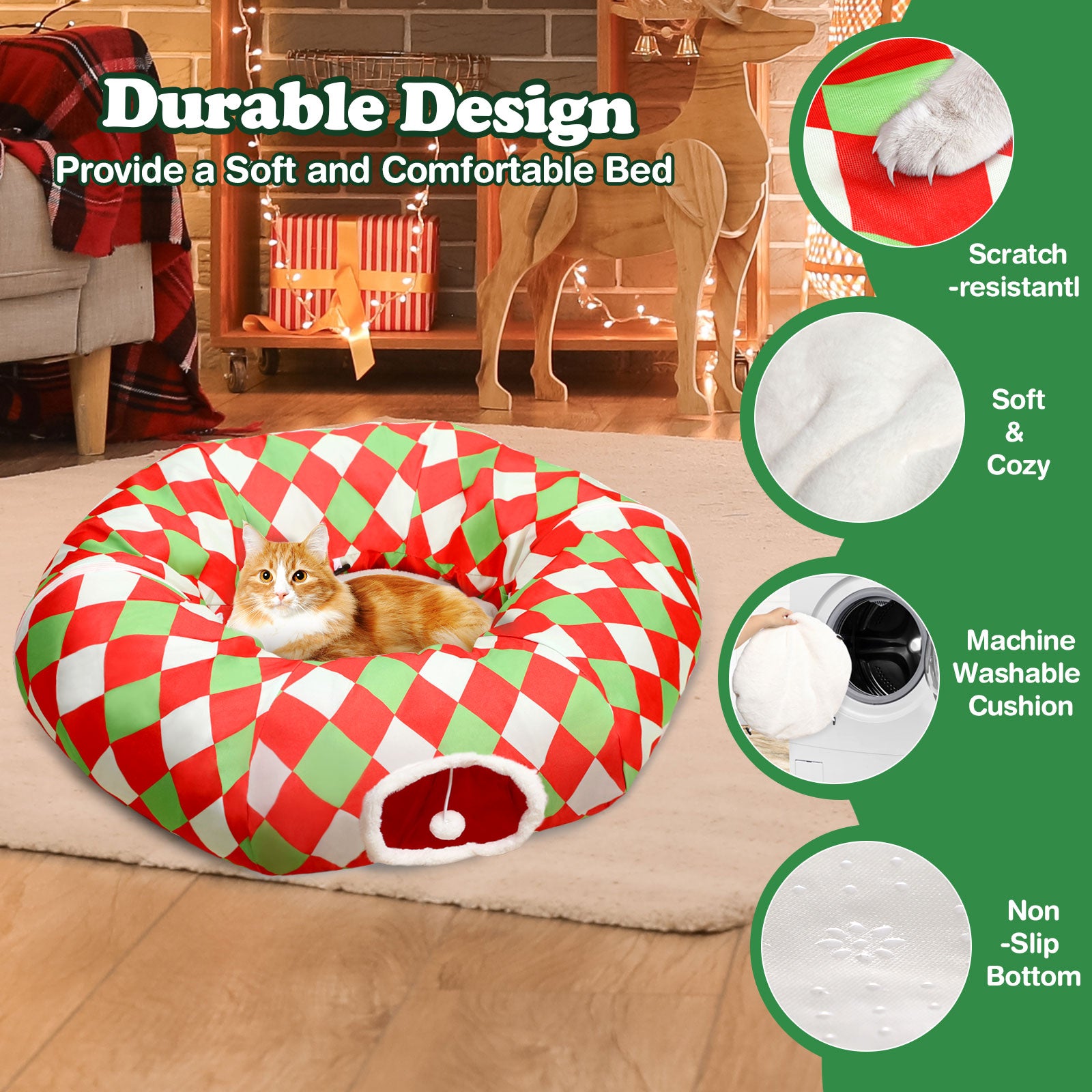 Checkered Dog Bed Cat Peekaboo Cat Cave Donut with Washable Cushion Cat Tunnels