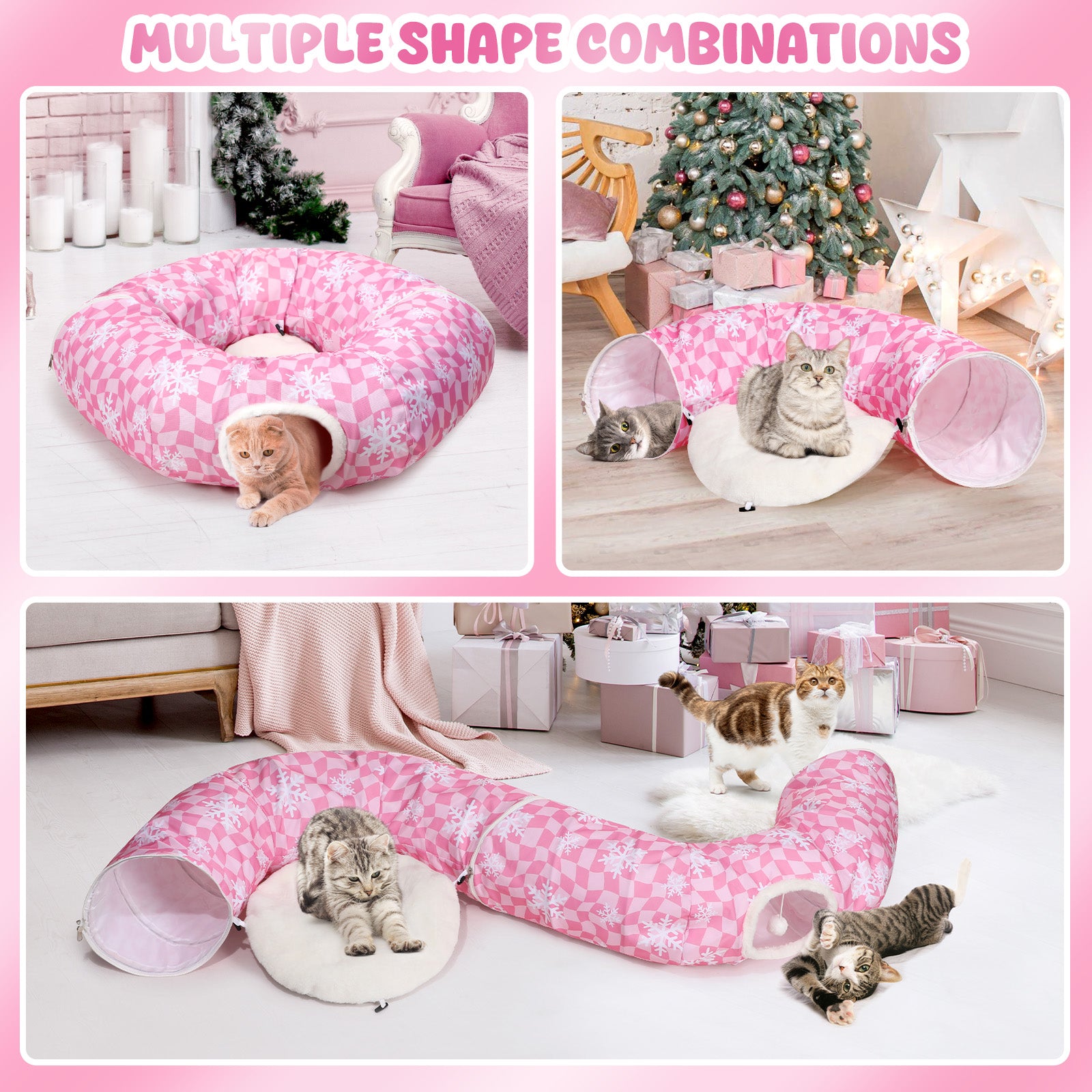 Pink Cat Tunnel Bed Peekaboo Cat Cave Donut Under Christmas Tree Pink Checker with Snowflakes Festive Decor