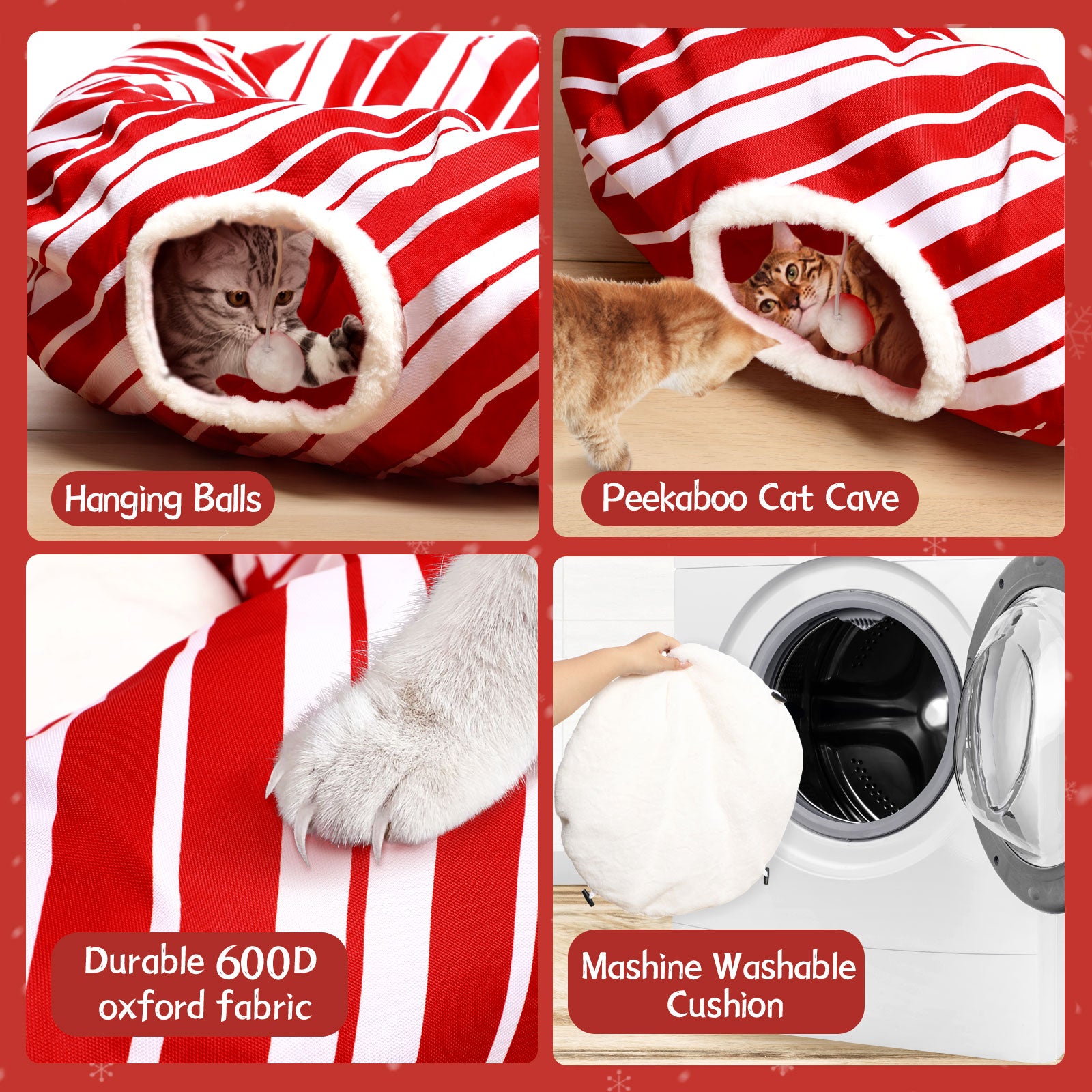 Cat Tunnel Bed Peekaboo Cat Cave Donut Under Christmas Tree Candy Cane Design