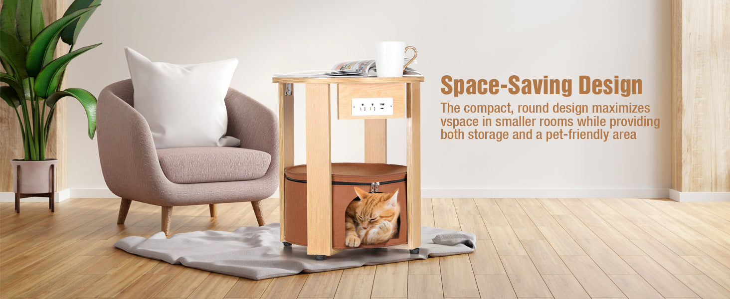 Side Table Cat House End Table with Charging Station