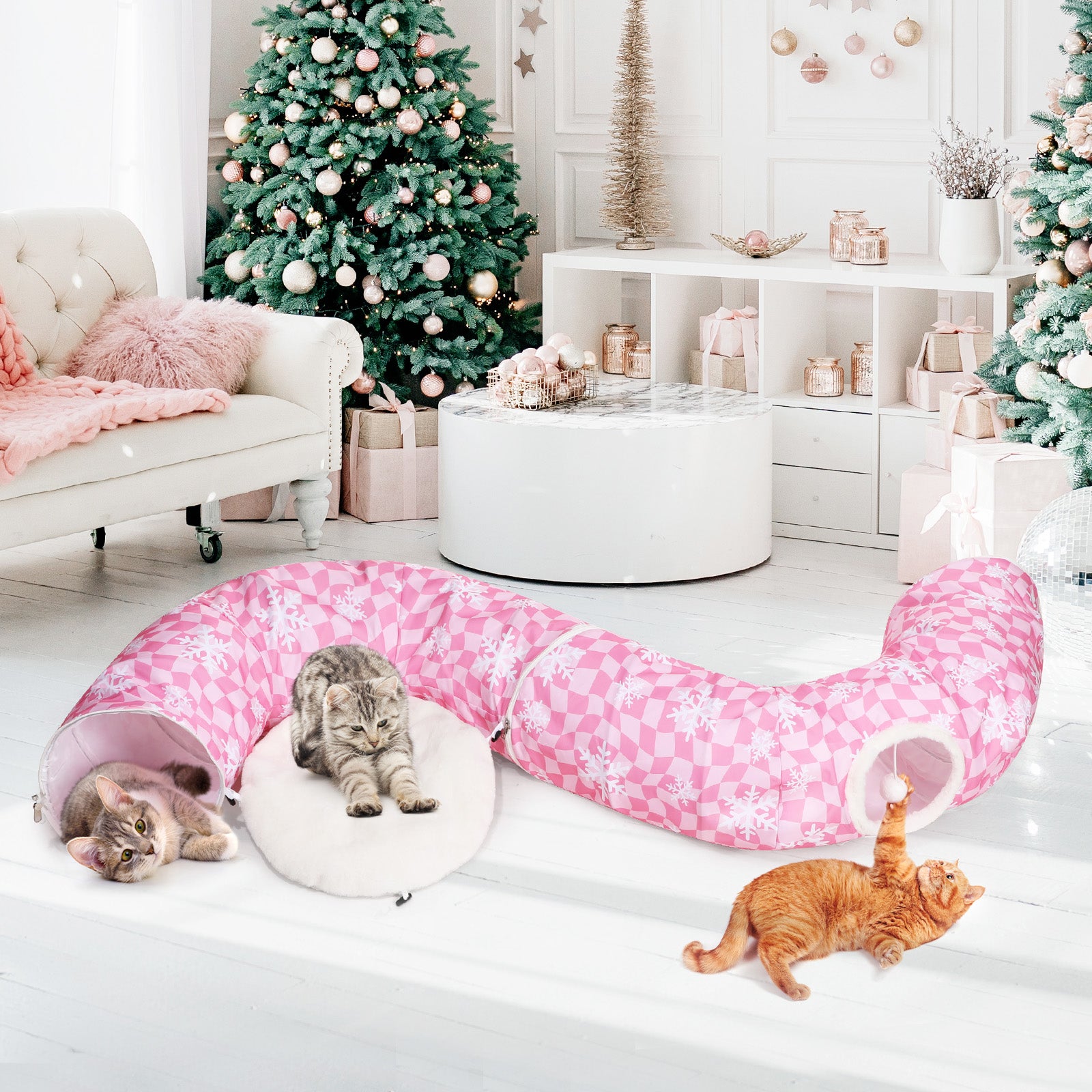 Pink Cat Tunnel Bed Peekaboo Cat Cave Donut Under Christmas Tree Pink Checker with Snowflakes Festive Decor