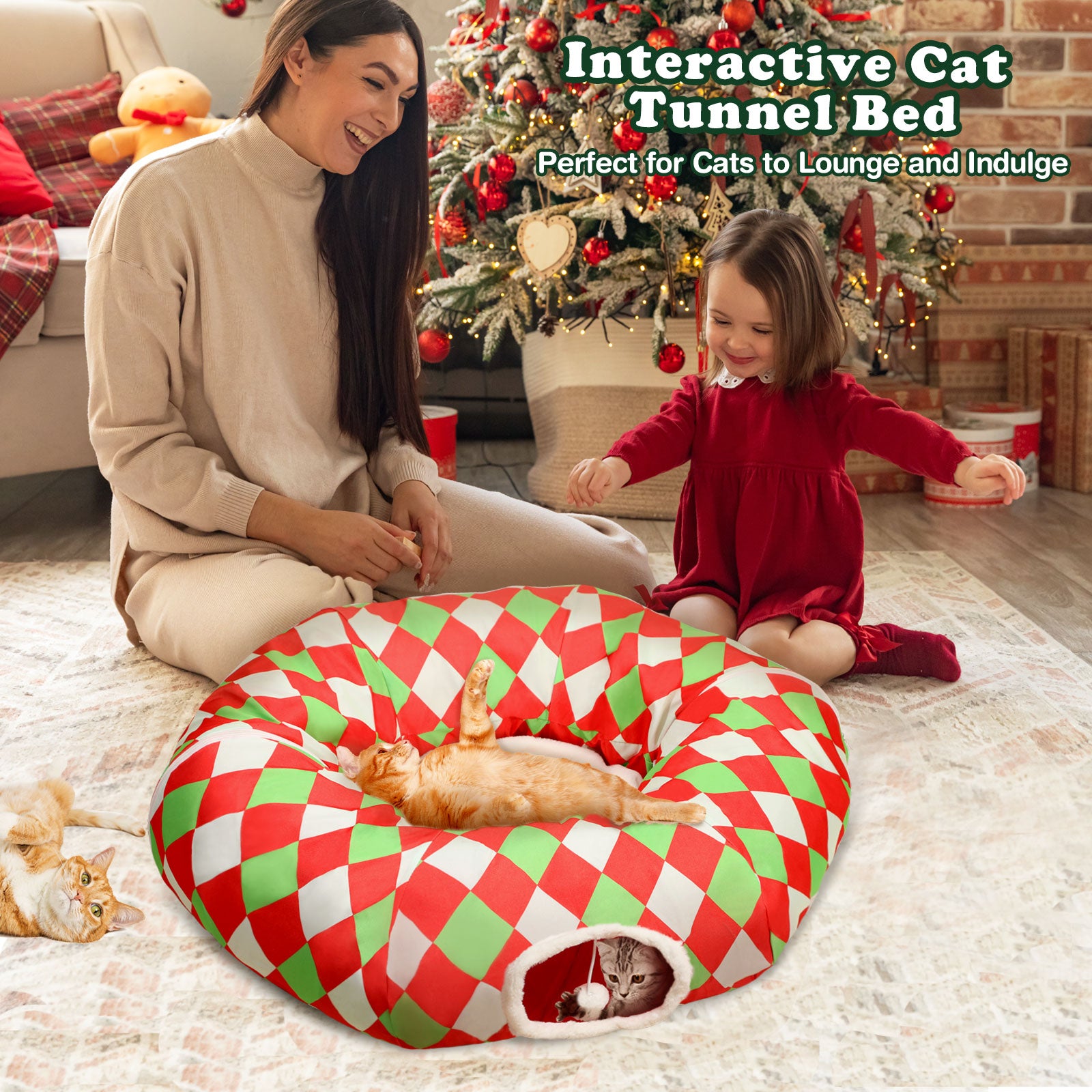 Checkered Dog Bed Cat Peekaboo Cat Cave Donut with Washable Cushion Cat Tunnels