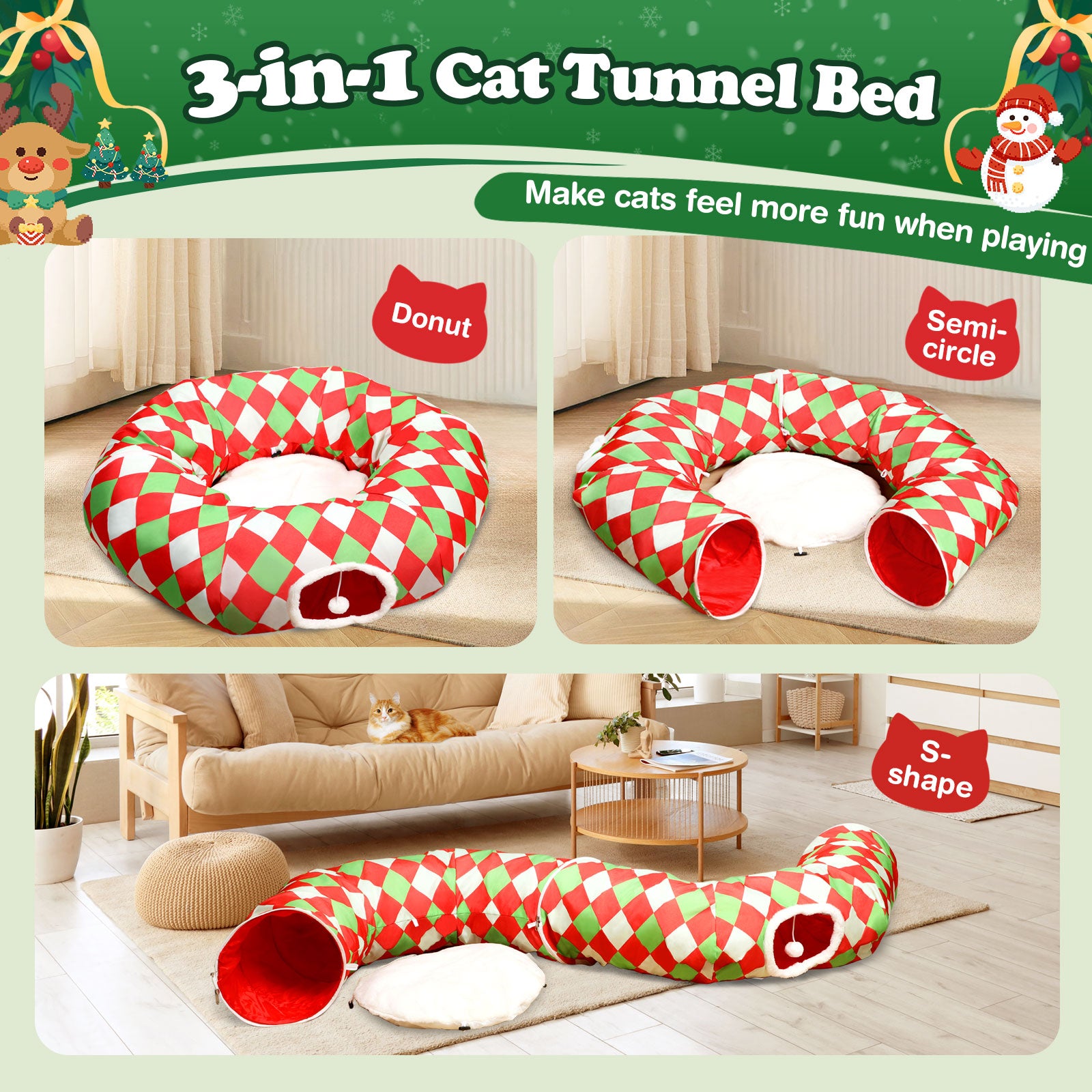 Checkered Dog Bed Cat Peekaboo Cat Cave Donut with Washable Cushion Cat Tunnels