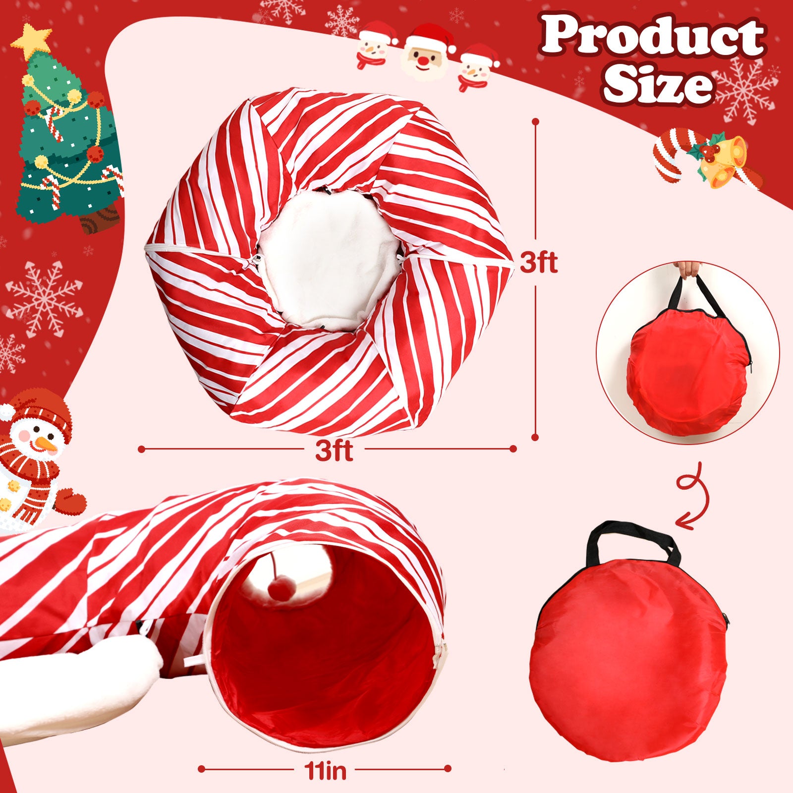 Cat Tunnel Bed Peekaboo Cat Cave Donut Under Christmas Tree Candy Cane Design