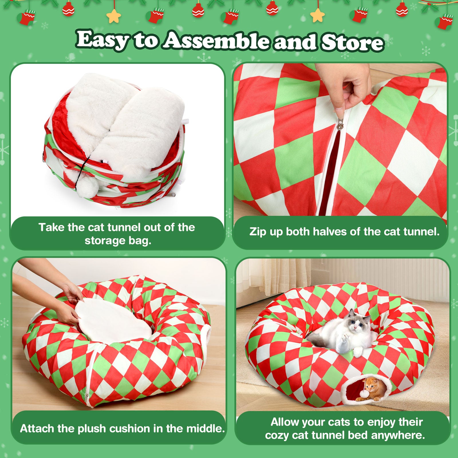Checkered Dog Bed Cat Peekaboo Cat Cave Donut with Washable Cushion Cat Tunnels