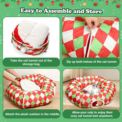 Checkered Dog Bed Cat Peekaboo Cat Cave Donut with Washable Cushion Cat Tunnels